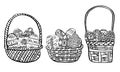 Easter eggs with in a baskets set. Hand drawn sketch outline ink vector illustration black